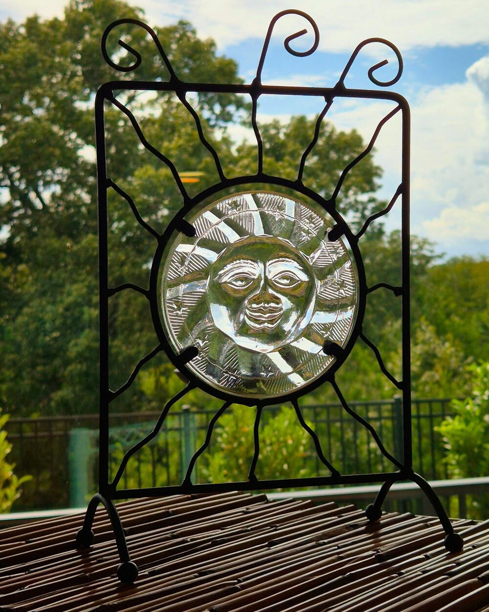Vintage Celestial Sun Face Glass & Wrought Iron Candle Holder Boho Decor 1990s